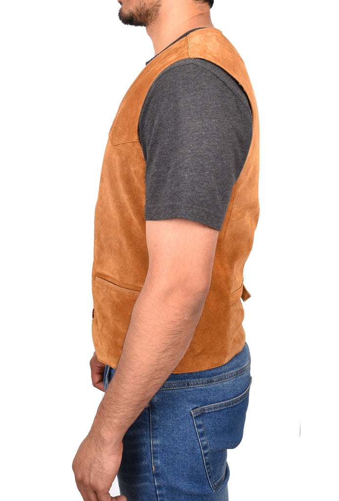 DR121 Men's Leather Suede Cowboy Waistcoat Tan 2