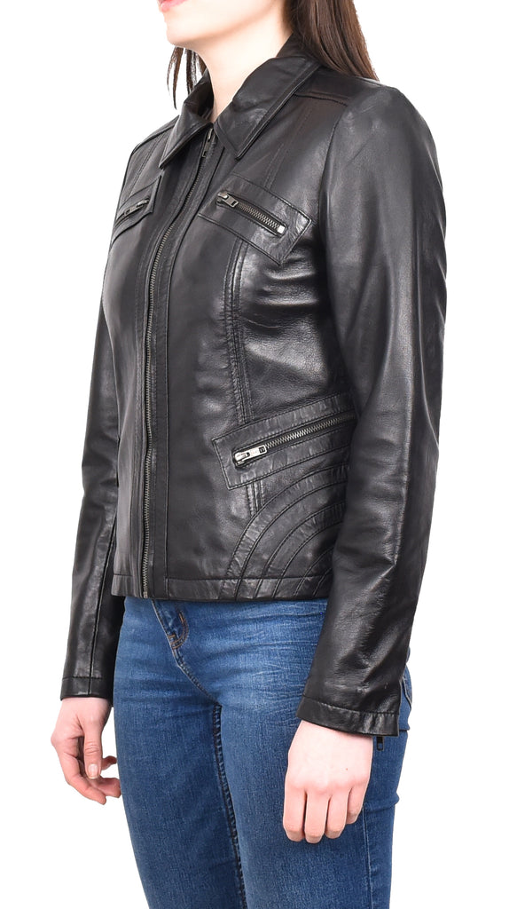 DR223 Women's Classic Leather Biker Zip Box Jacket Black 2