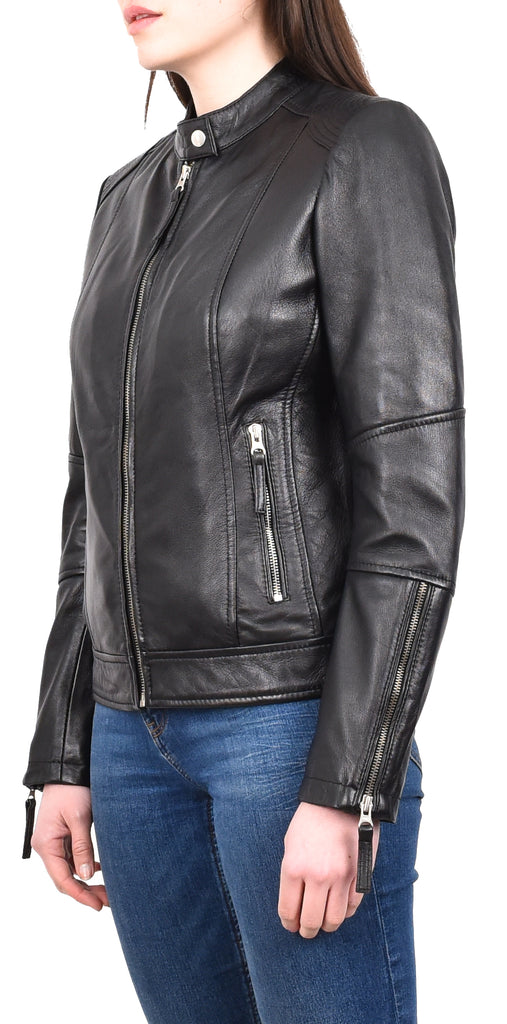 DR571 Women's Casual Zip up Genuine Leather Biker Jacket Black 2