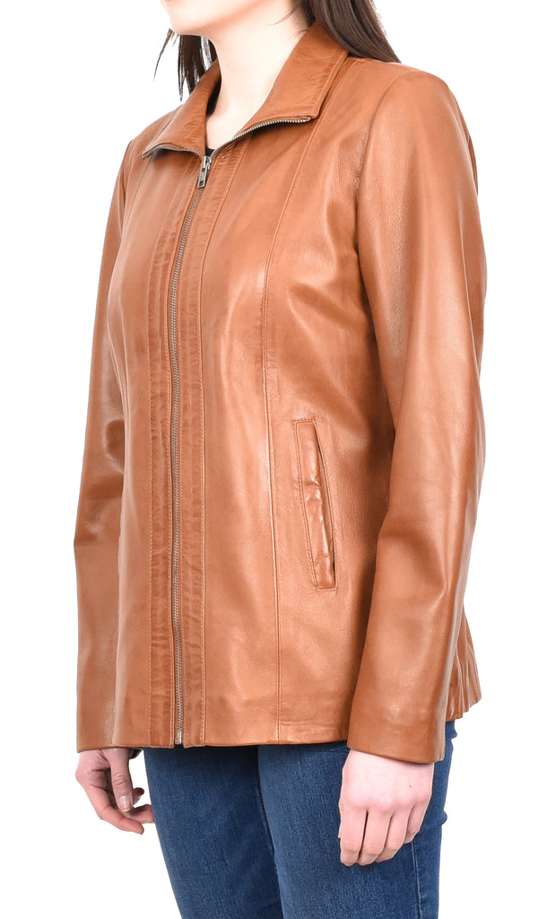 DR202 Women's Casual Semi Fitted Leather Jacket Tan 2