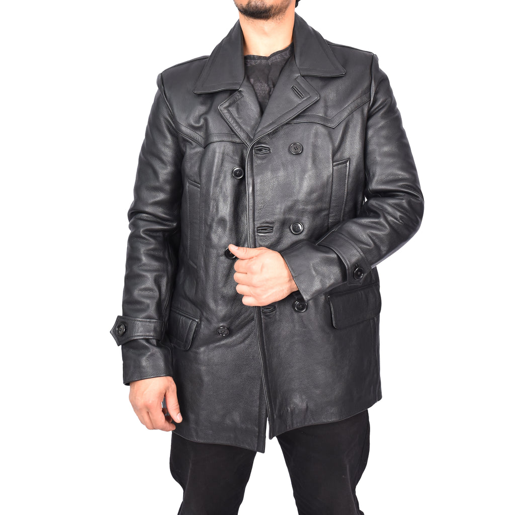 Men’s Trench Pure Leather Fitted Reefer Military Overcoat Black Denbey-2