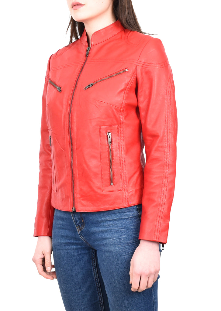 DR200 Ladies Classic Casual Biker Leather Jacket Red 2