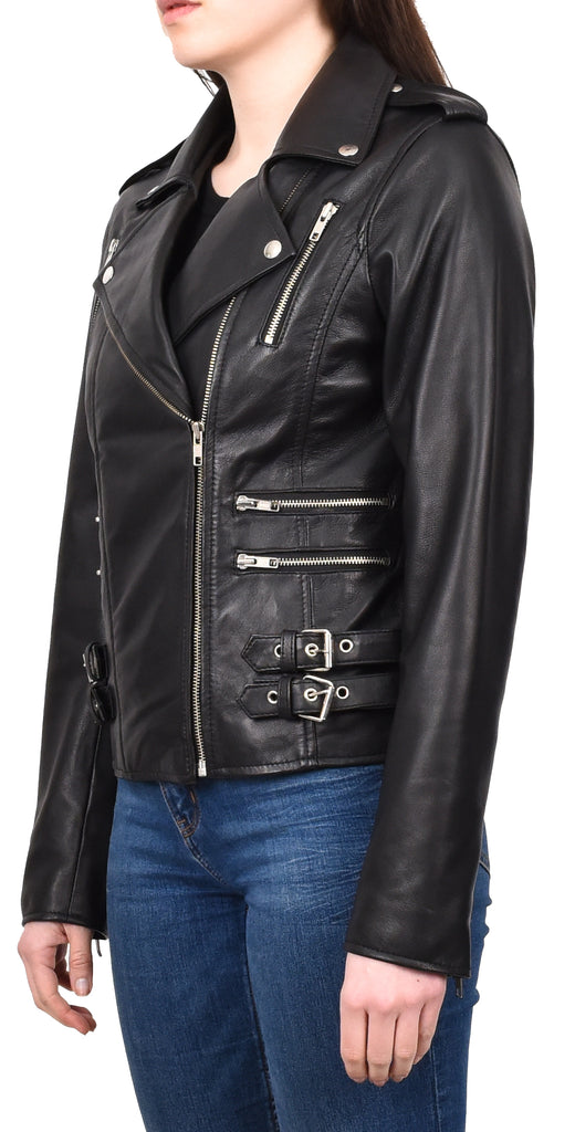 DR195 Women’s Trendy Biker Leather Jacket Black 2