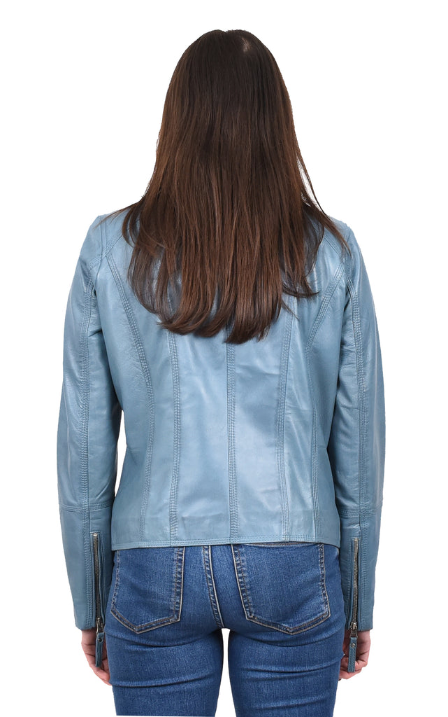 DR572 Women's Casual Cross Zip Leather Jacket Teal 2