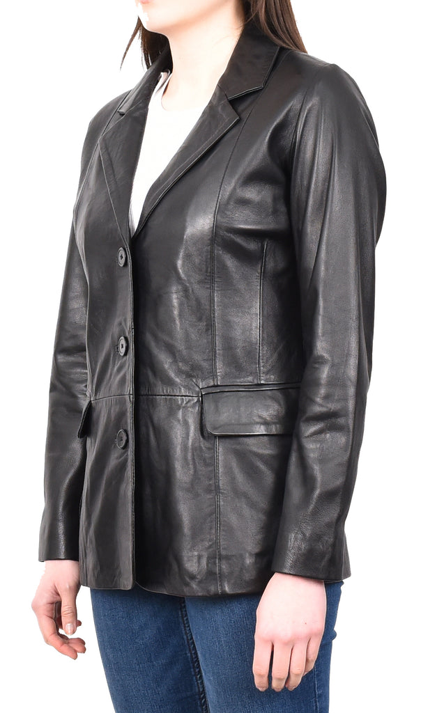 DR215 Women's Classic Three Button Leather Blazer  Black 2