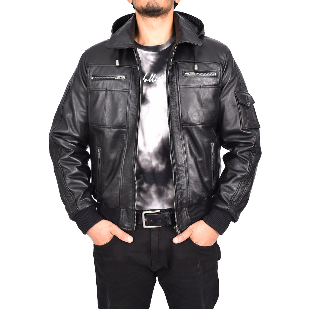 Men’s Leather Detachable Hooded Bomber Jacket Black Jurgen-2