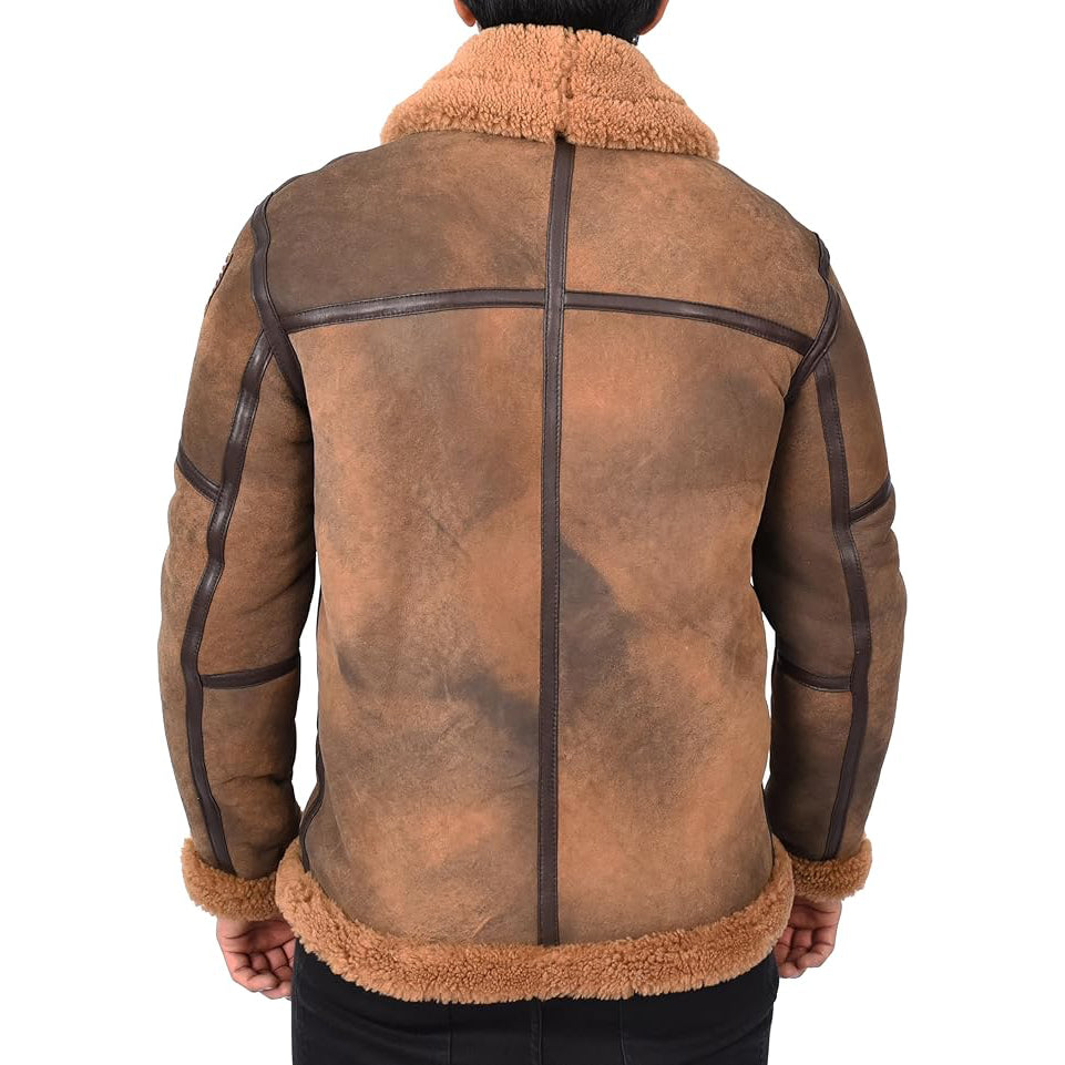 Men’s Distressed Finish Sheepskin B3 Bomber Jacket with Badges Aviator Axel Brown-2