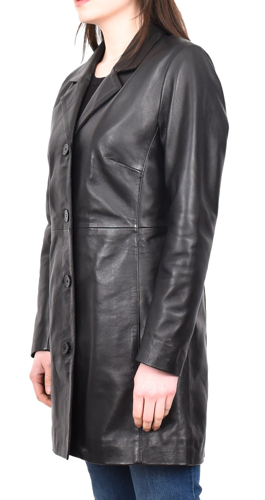 DR424 Women's Smart Long Leather Coat Black 2