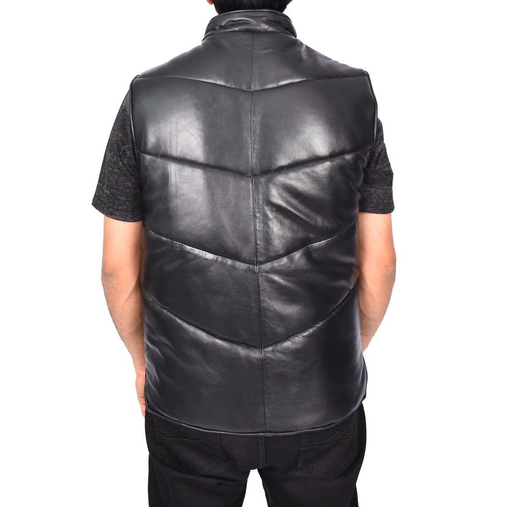 Men's Real Leather Puffer Waistcoat Body Warmer Black Haakon-2