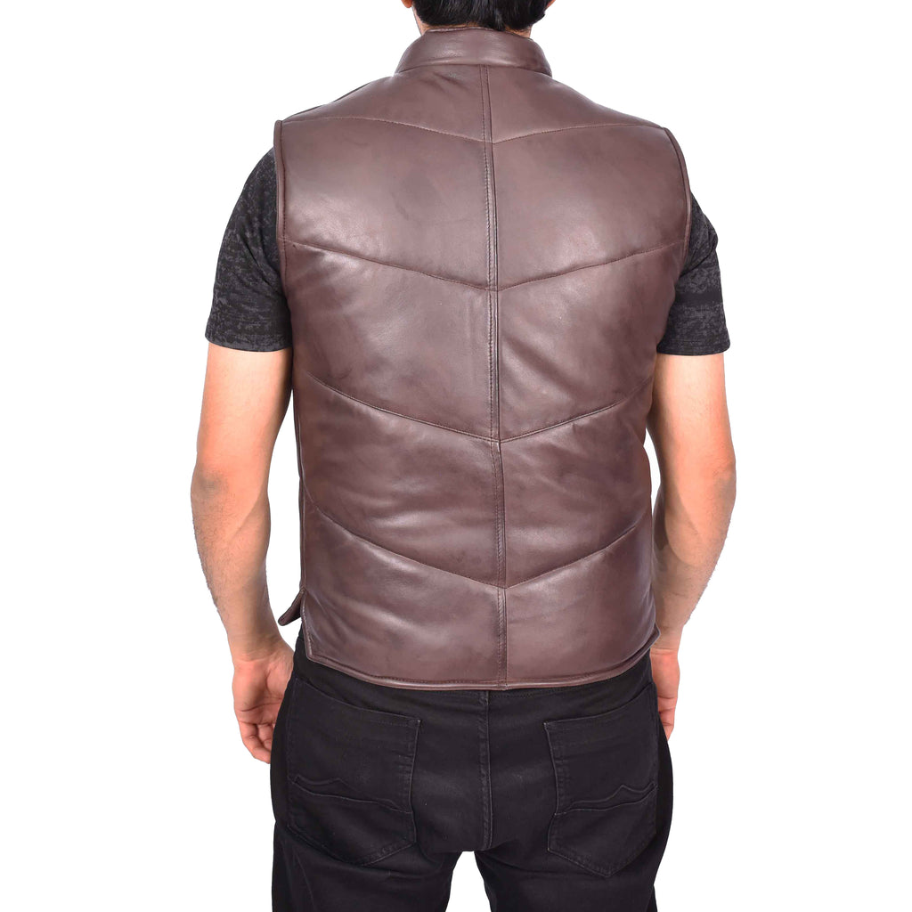 Men's Real Leather Puffer Waistcoat Body Warmer Brown Haakon-2