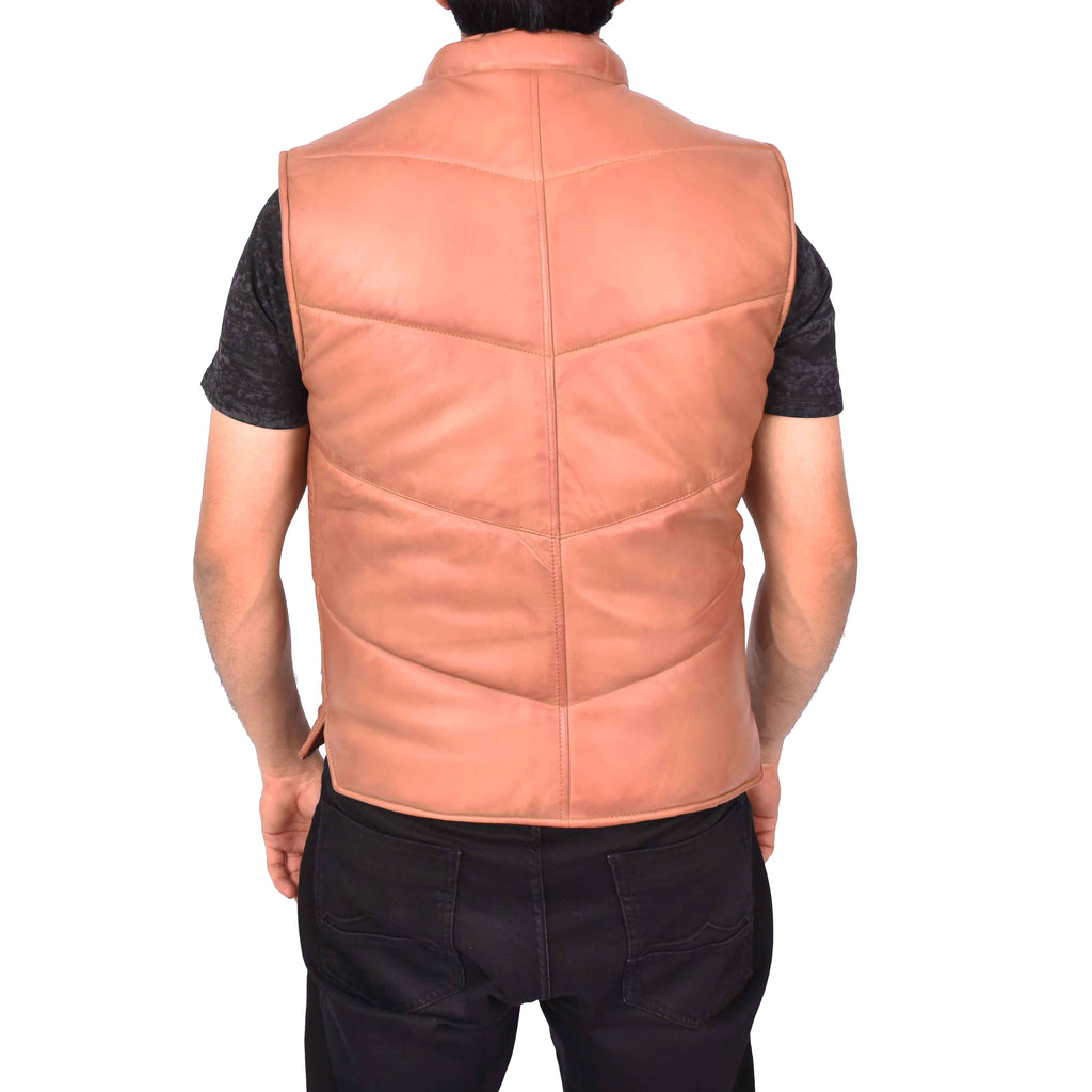 Men's Real Leather Puffer Waistcoat Body Warmer Tan Haakon-2