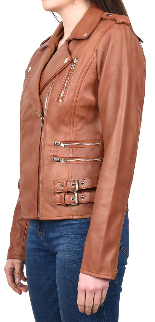 DR195 Women’s Trendy Biker Leather Jacket Cognac 2