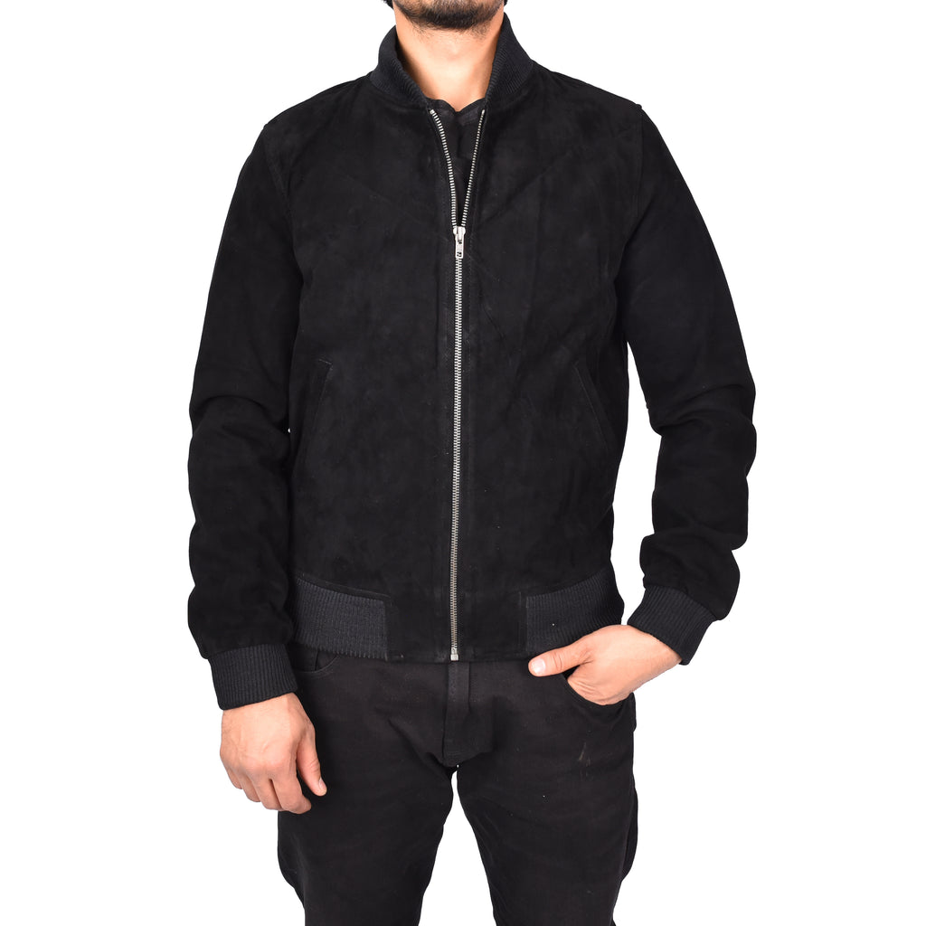 Men's Genuine Suede Leather Bomber Varsity Style Jacket Black Raul-1