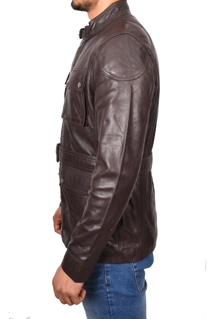 DR190 Men’s Leather Trendy Safari Jacket With Waist Belt Brown 2