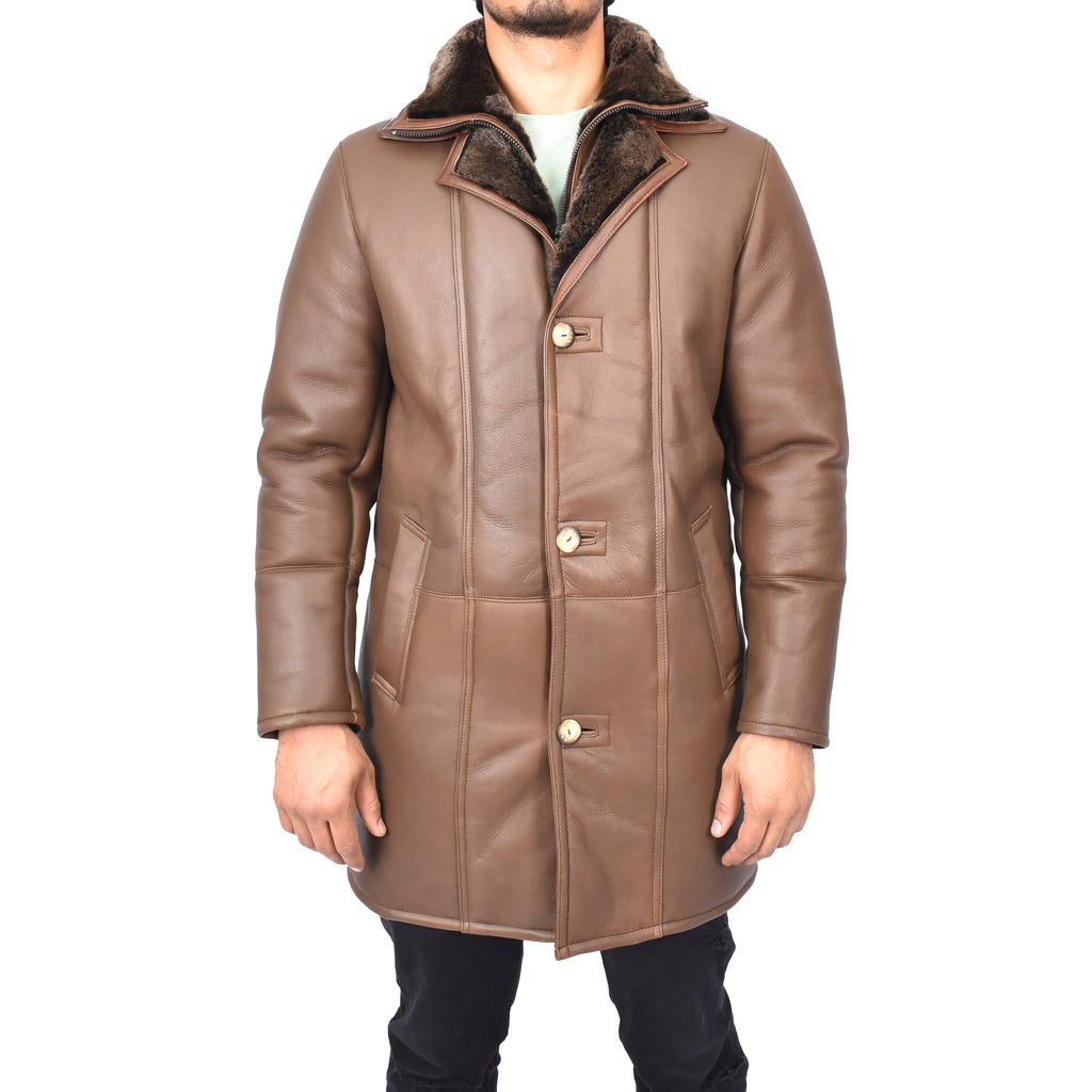 Mens Retro ¾ Length Long Real Shearling Sheepskin Coat Winter Warm Bastian Brown-3