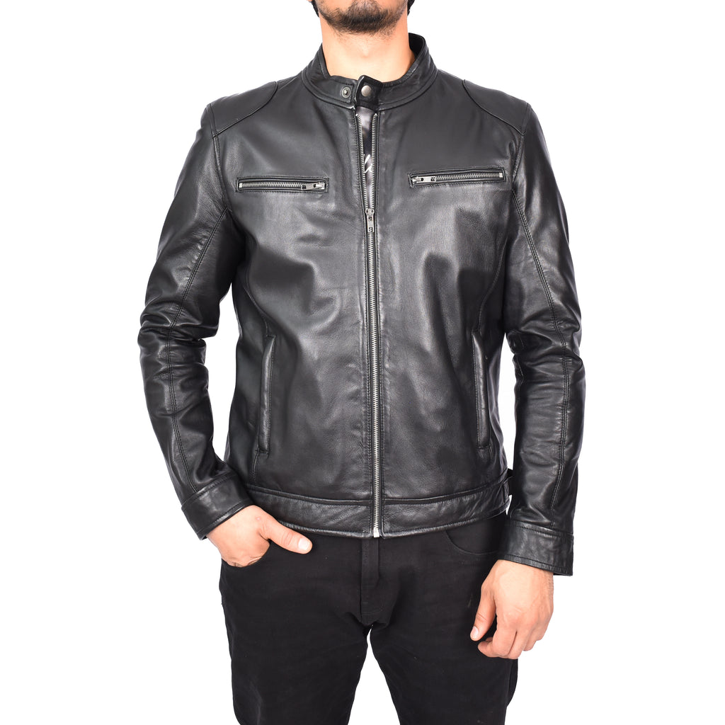 Men's Vintage Style Biker Real Leather Jacket Black Dagen-2