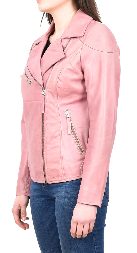 DR570 Women's Cross Zip Pocketed Real Leather Biker Jacket Pink 2