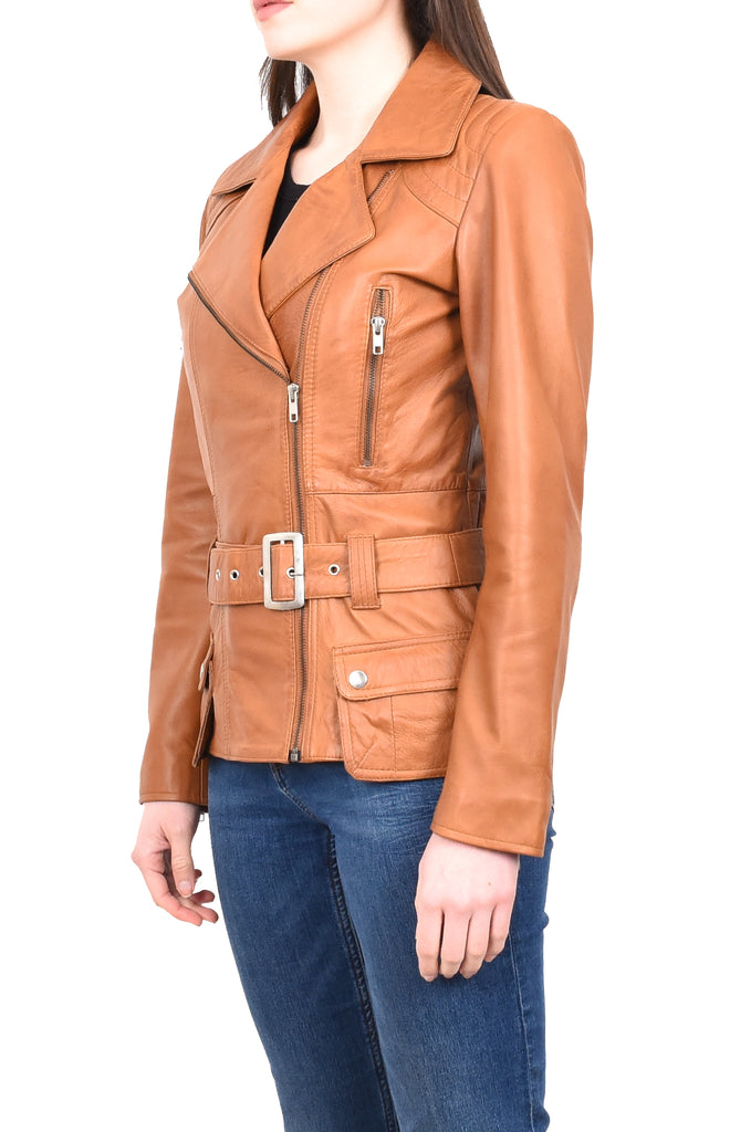 DR205 Women’s Slim Fit Cut Hip Length Biker Leather Jacket Tan 2