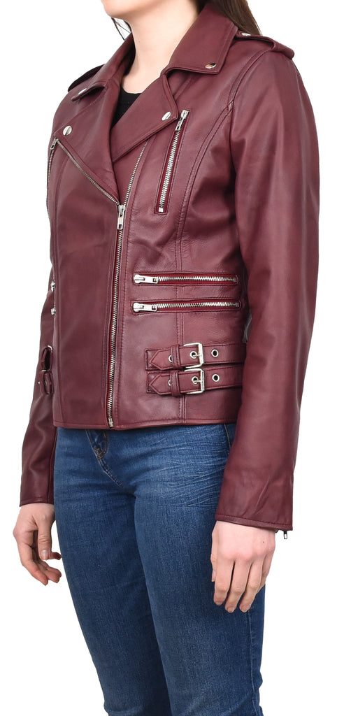 DR195 Women’s Trendy Biker Leather Jacket Burgundy 2