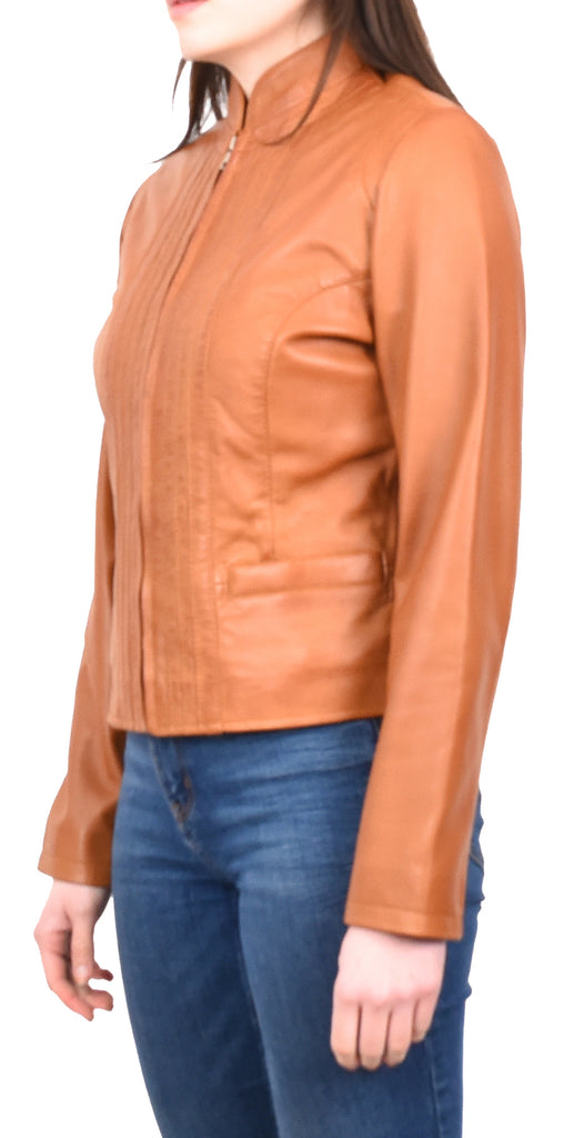 DR210 Women's Casual Biker Leather Jacket Tan 2