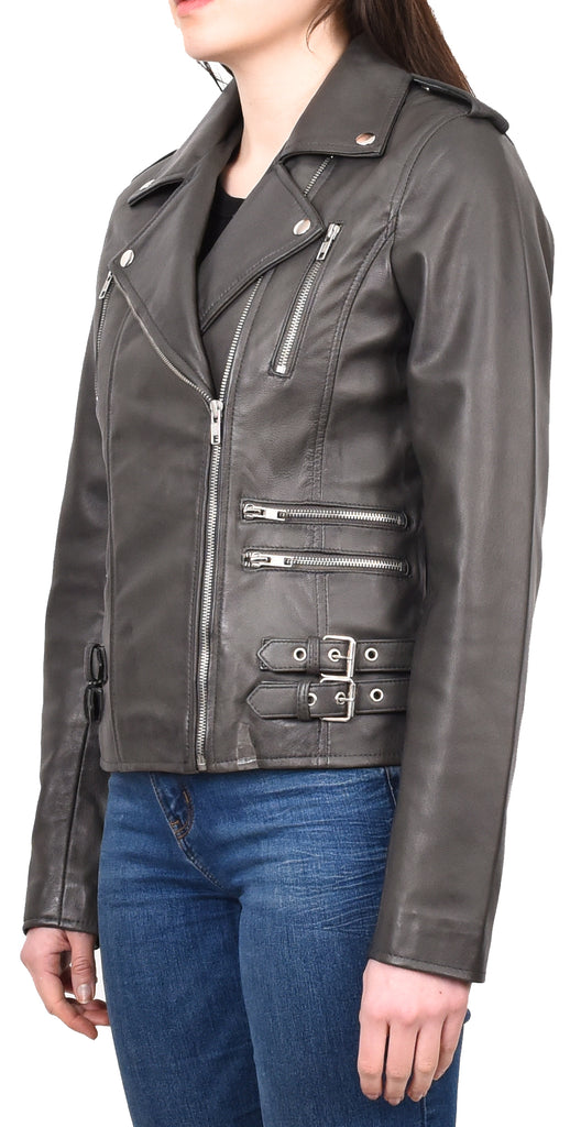 DR195 Women’s Trendy Biker Leather Jacket Grey 2