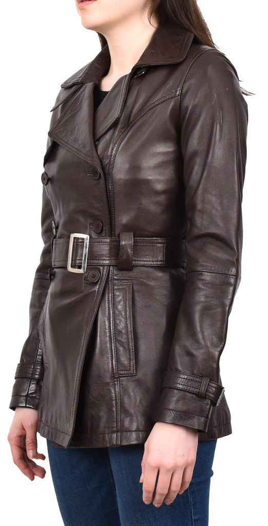 DR201 Women's Leather Buttoned Coat With Belt Smart Style Brown 2