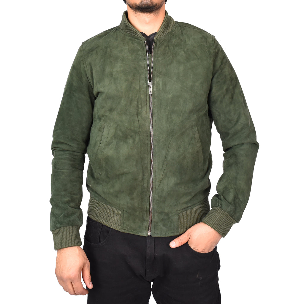 Men's Genuine Suede Leather Bomber Varsity Style Jacket Green Raul-2