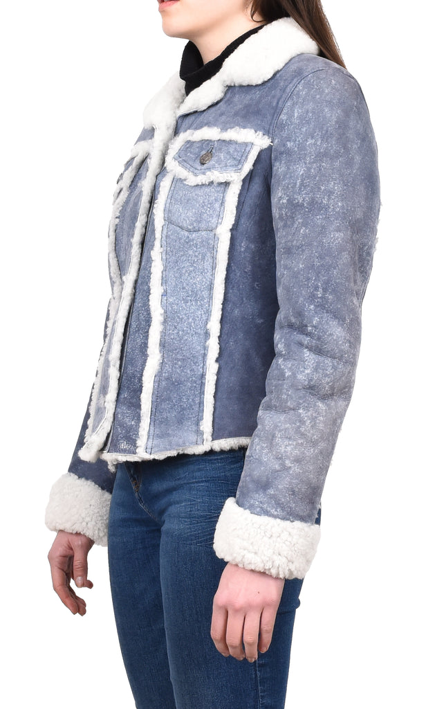 DR239 Women's Real Sheepskin Trucker Jacket Denim Blue 2