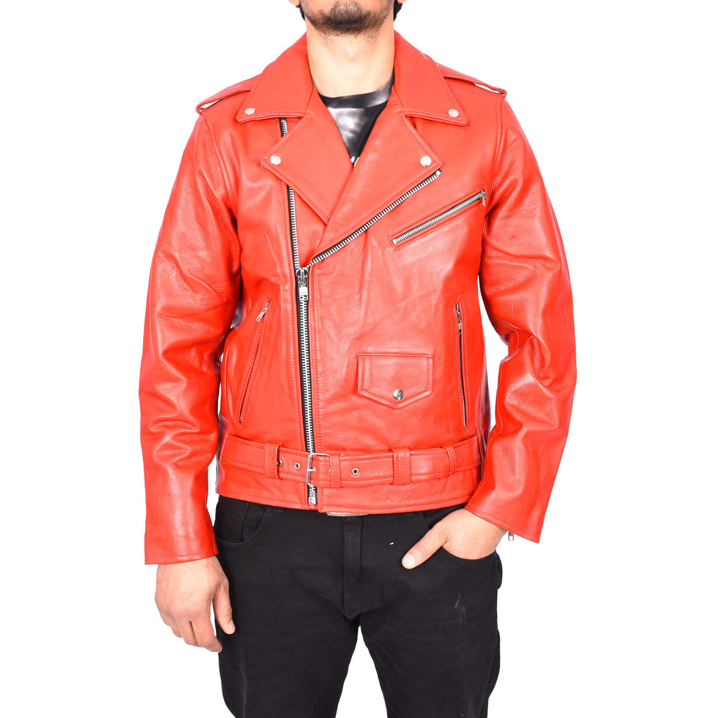 Men's Hard Wearing Real Cowhide Leather Biker Jacket Red Gunther-2