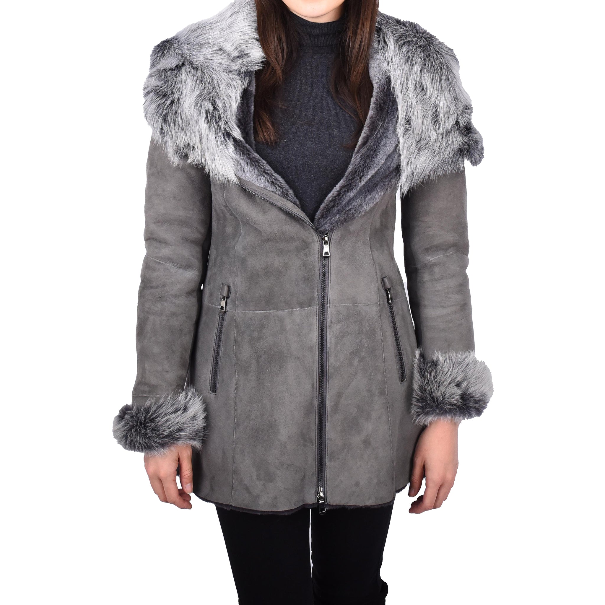 Grey Ladies Real Shearling Leather fashion Coat