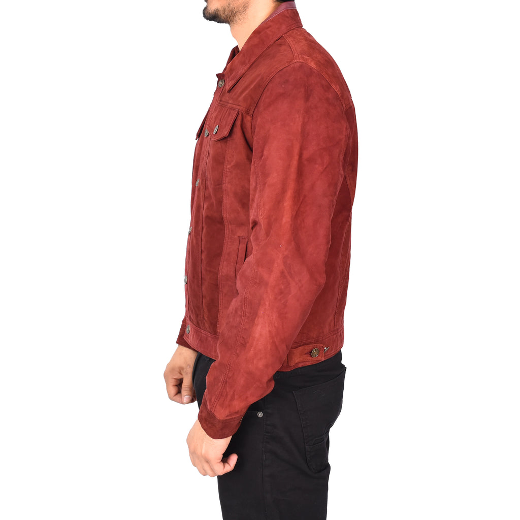 Men's Genuine Suede Buttoned Leather Jacket Trucker Style Burgundy Rorik-2