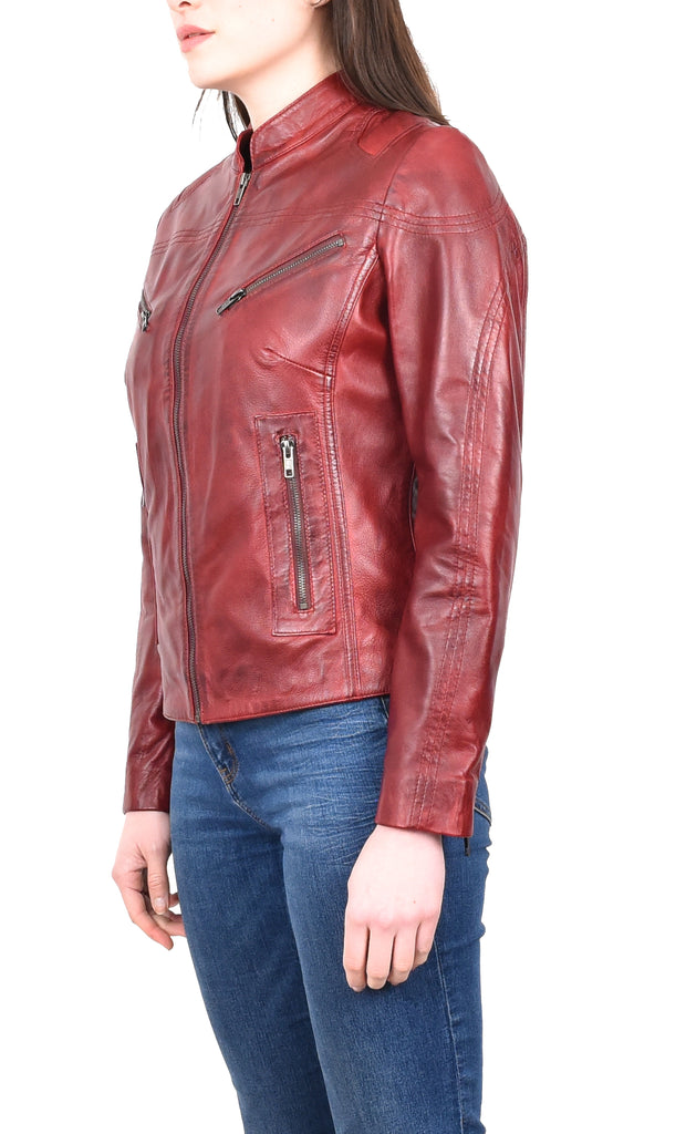 DR200 Ladies Classic Casual Biker Leather Jacket Barn Red 2