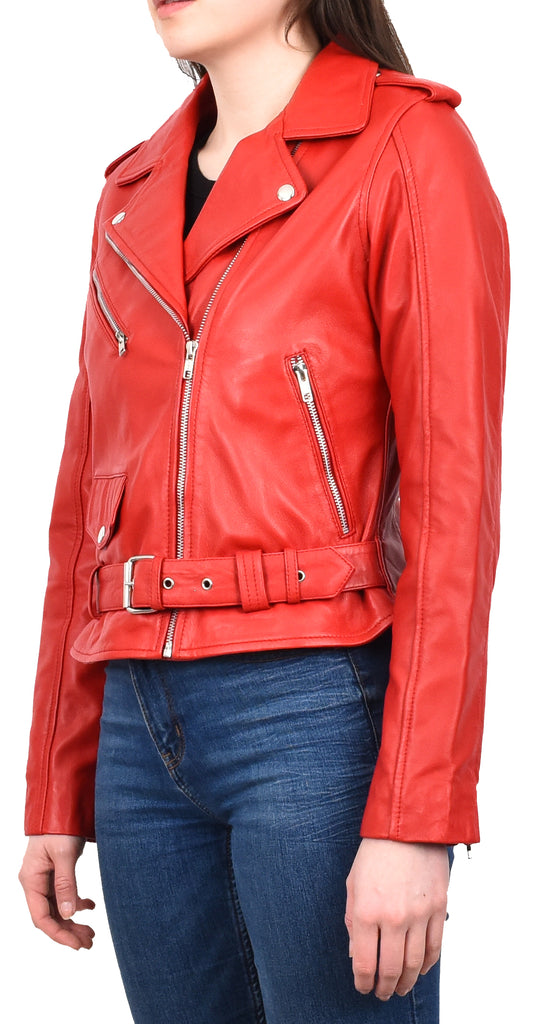 DR199 Women's Hard Ride Biker Style Leather Jacket Red 2