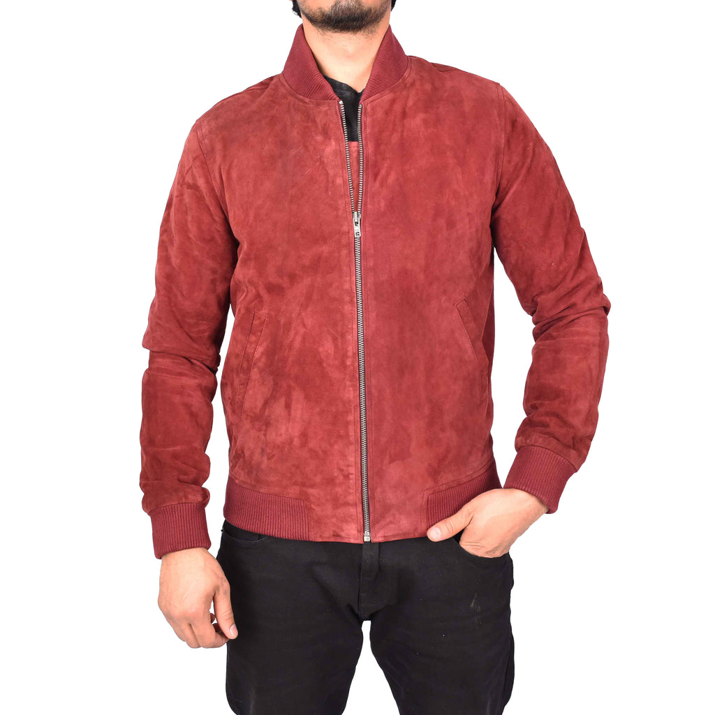 Men's Genuine Suede Leather Bomber Varsity Style Jacket Burgundy Raul-2