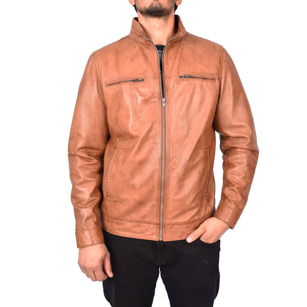 Men's Classic Biker Real Leather Jacket Tan Erland-2