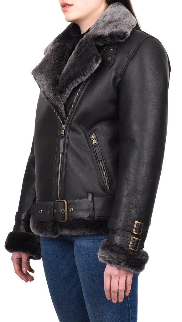 DR251 Women's Sheepskin Italian Classic Look Leather Jacket Black 2