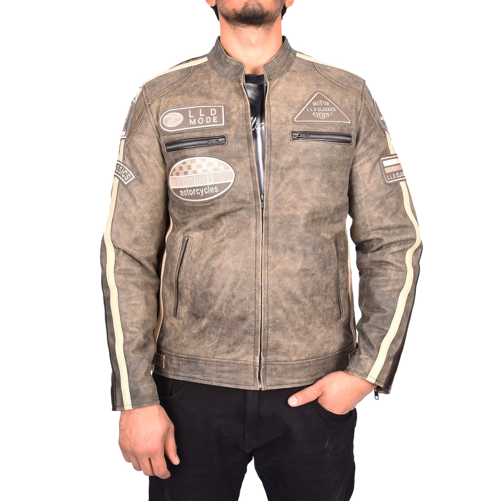 Men's Cafe Racer Leather Jacket Biker Coat with Badges Brown Kennet 2