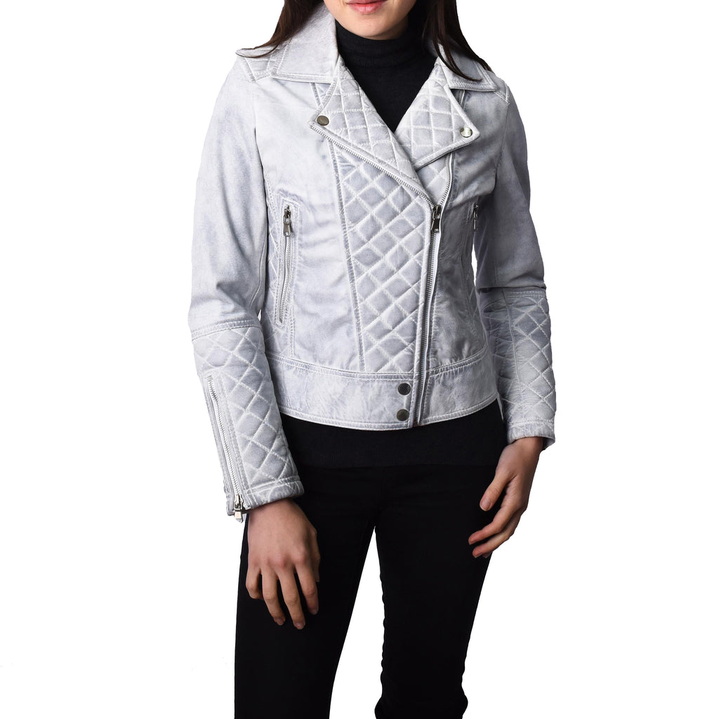 Women's Real Leather Biker Jacket with Quilt Detail White Motoquilt 2