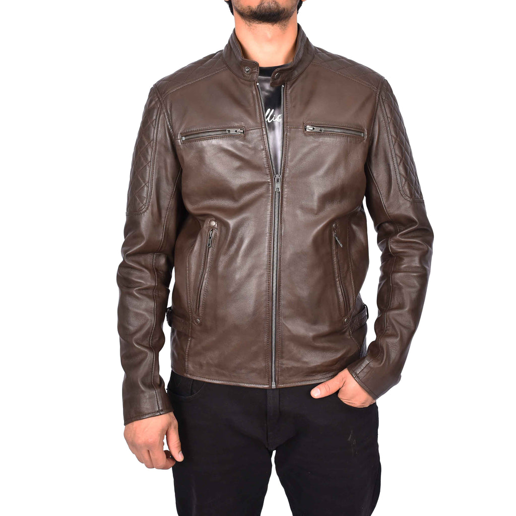 Men's Classic Quilted Biker Real Leather Jacket Brown Igor-2