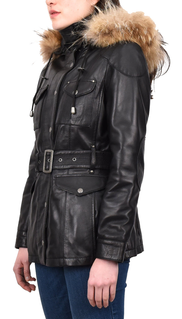 DR225 Women's Winter Warm Leather Hood Jacket Black 2