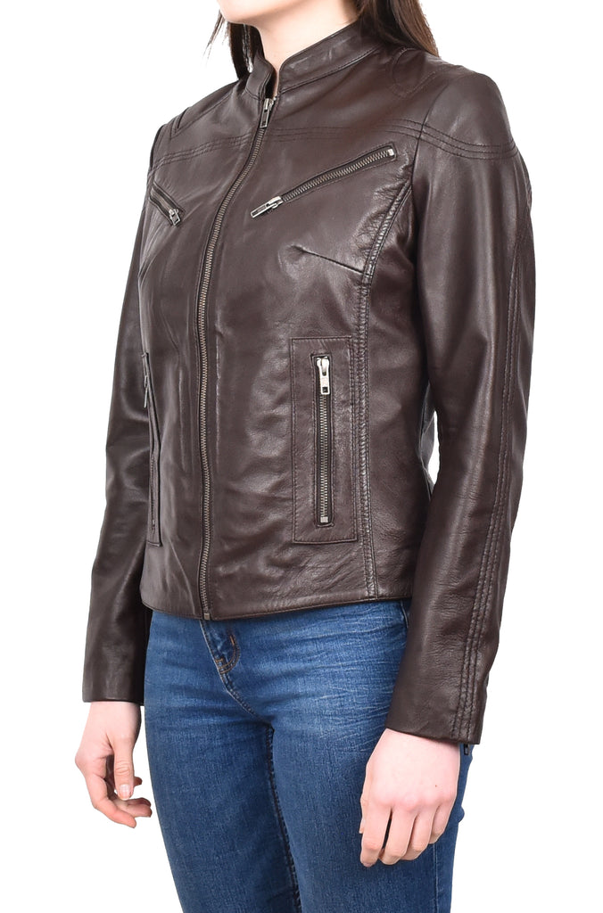 DR200 Ladies Classic Casual Biker Leather Jacket Brown 2