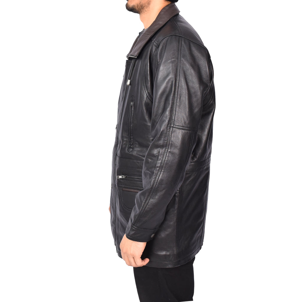 Gent's Classic Real Leather Coat Mens Parka Style Jacket Black Carlsen-2