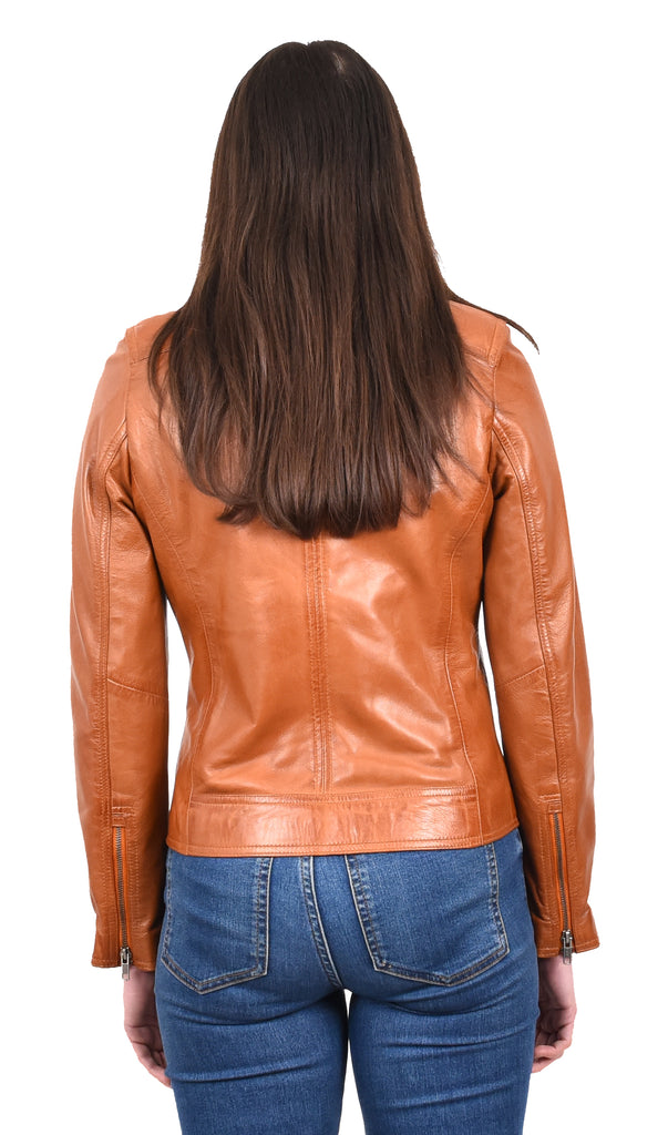 DR216 Women's Casual Smart Biker Leather Jacket Tan 2