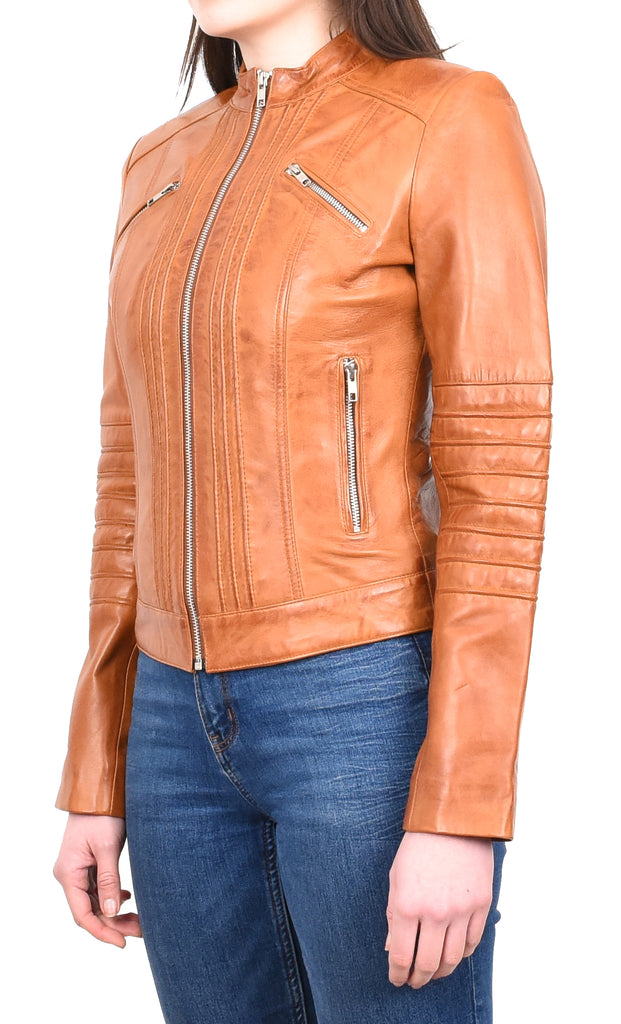 DR222 Women's Casual Biker Leather Jacket Tan 2