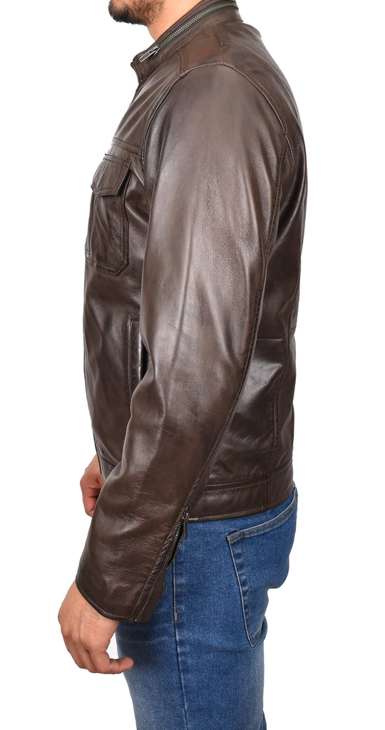 DR149 Men's Vintage Style Leather Biker Jacket Brown 2