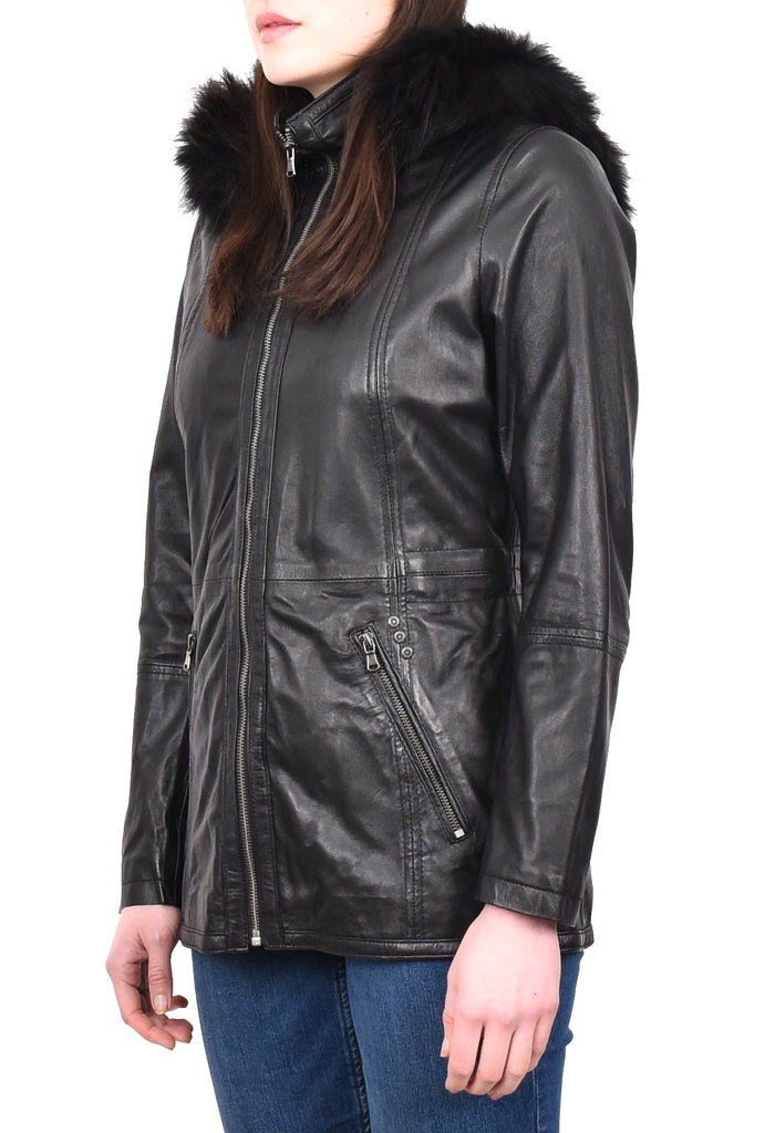 DR260 Women’s Black Leather Duffle Parka Jacket with Removable Hood 2