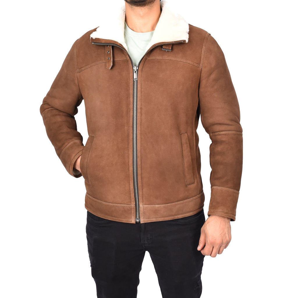 Mens Genuine Sheepskin Leather Harrington Bomber Jacket Retro Franz Brown-5