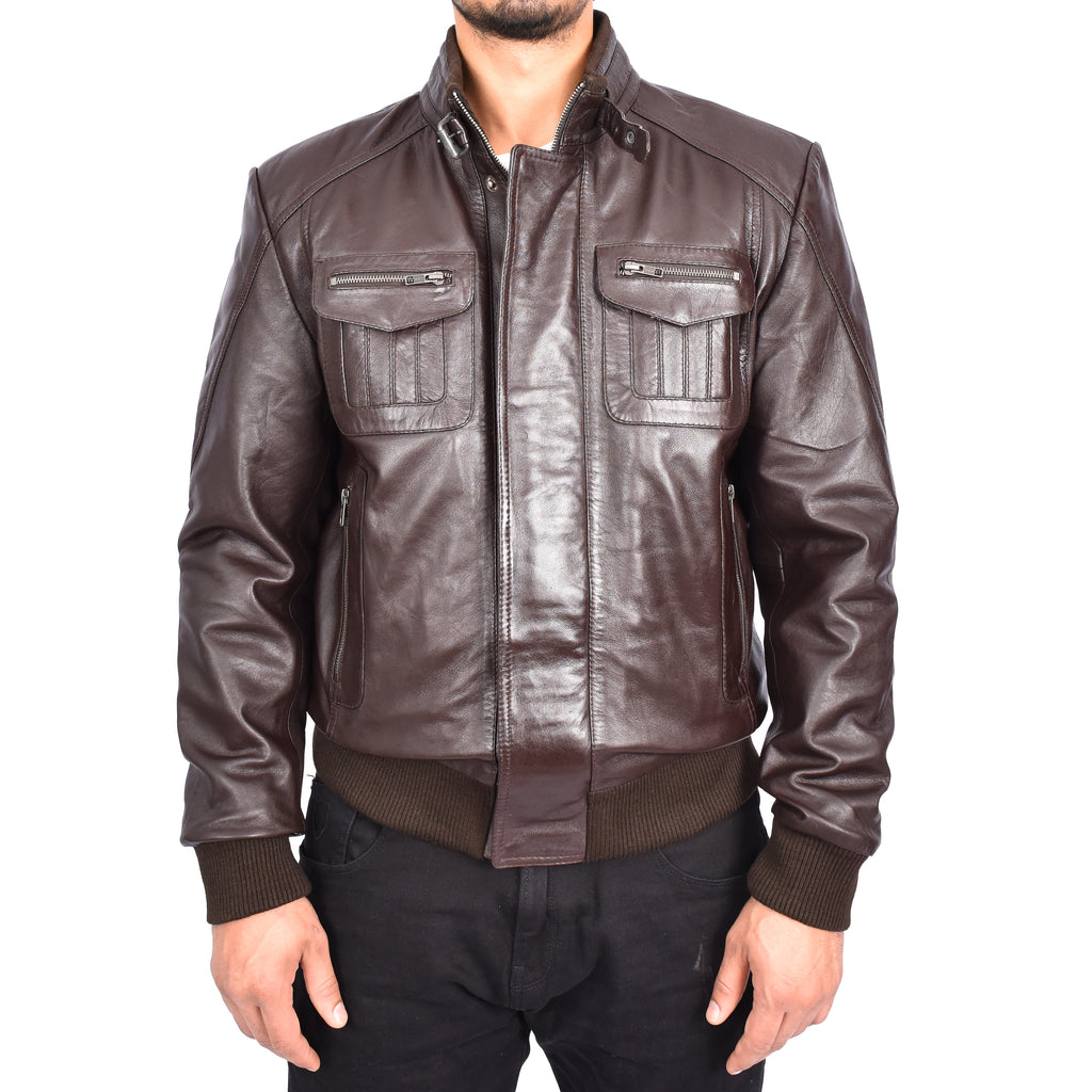 Men's Bomber Style Real Leather Jacket Brown Boden-2