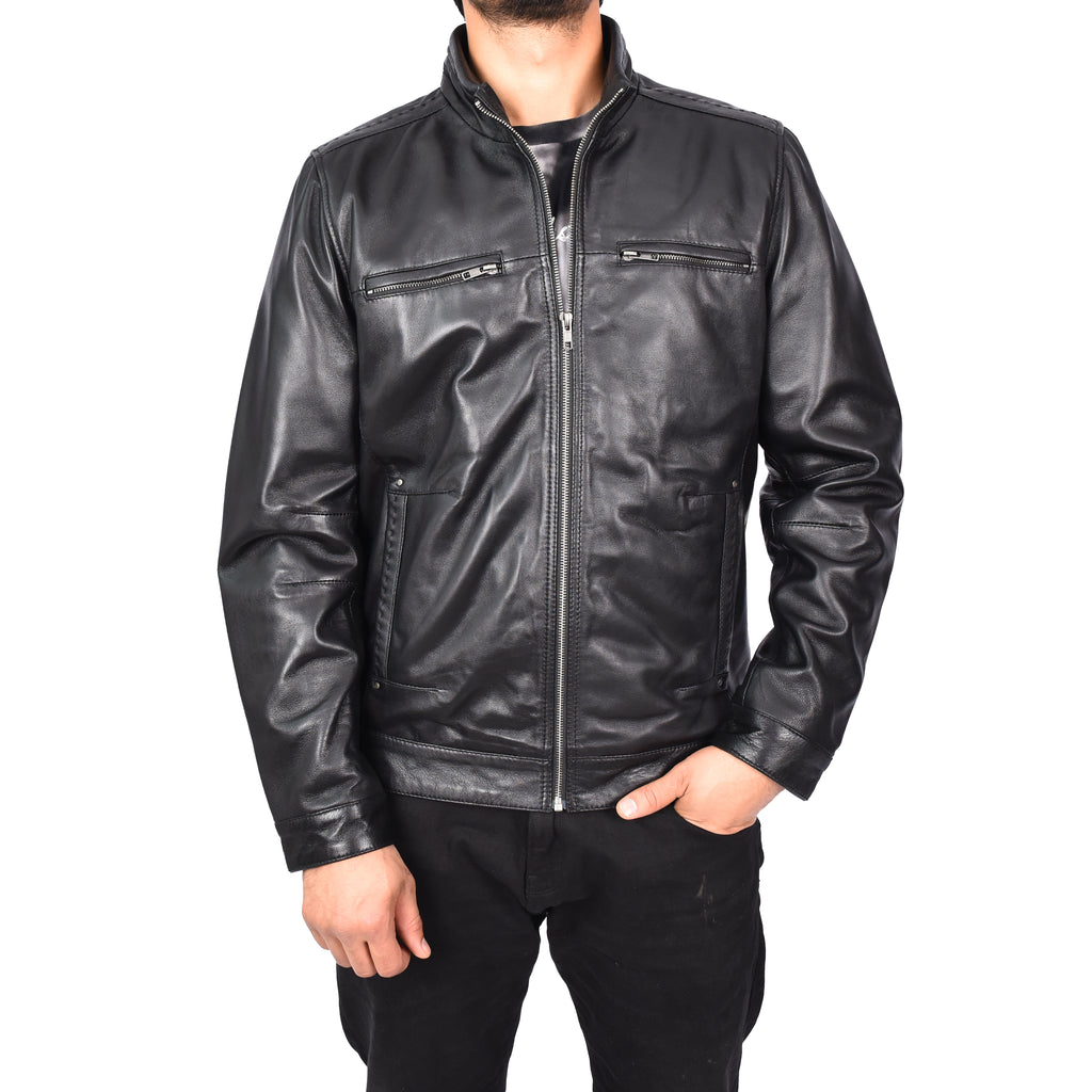 Men's Classic Biker Real Leather Jacket Black Erland-2