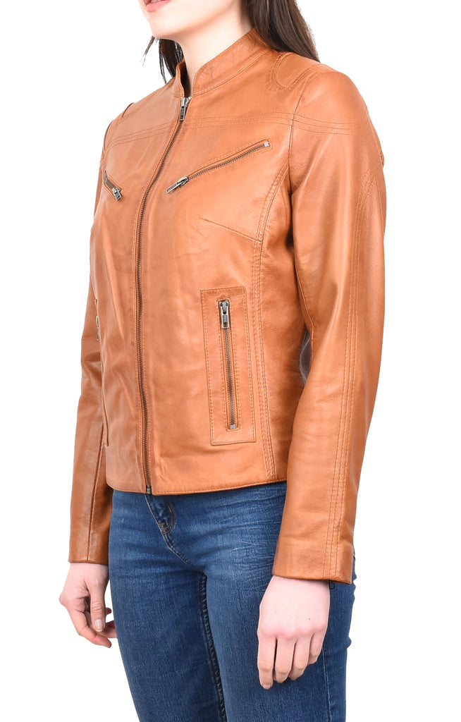 DR200 Ladies Classic Casual Biker Leather Jacket Tan 2